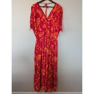 Tahari Ember Floral Maxi Dress Tropical Resort Tiered Boho Red Orange Sz 16 NWT
